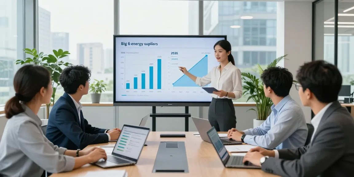 Team discussing the big 6 energy suppliers during a corporate meeting, analyzing pricing and service comparisons for 2026.