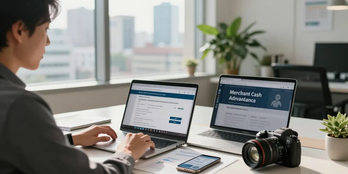 Entrepreneur applying to get a merchant cash advance in a modern office setting.
