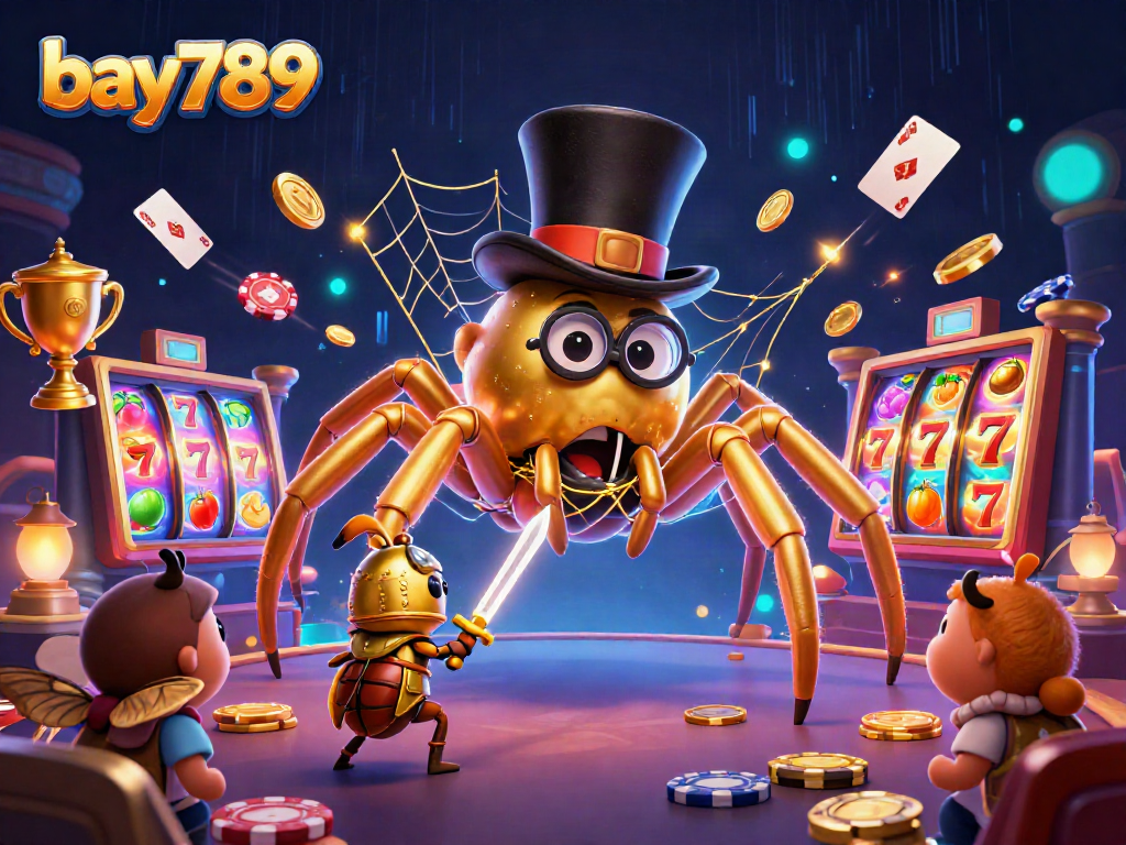 Explore the vibrant world of bay789 with a golden tarantula leading a thrilling casino adventure.