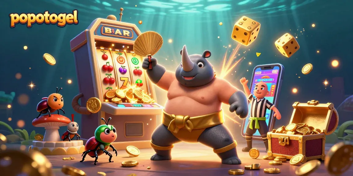 Experience thrilling gaming with popotogel, where a beetle champion smashes through coins in a vibrant casino scene.
