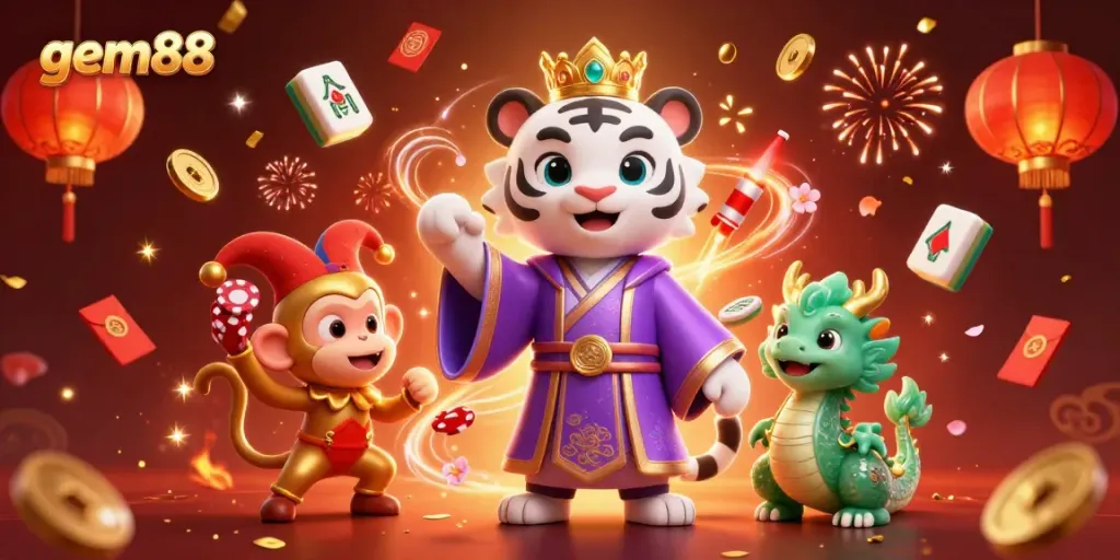 Experience the thrill of gem88 gaming with a lively scene of a regal tiger, playful monkey, and jade dragon surrounded by casino elements.
