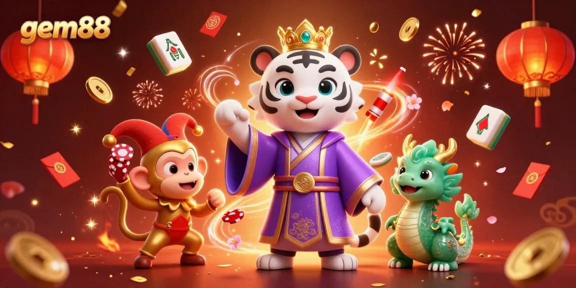 Experience the thrill of gem88 gaming with a lively scene of a regal tiger, playful monkey, and jade dragon surrounded by casino elements.