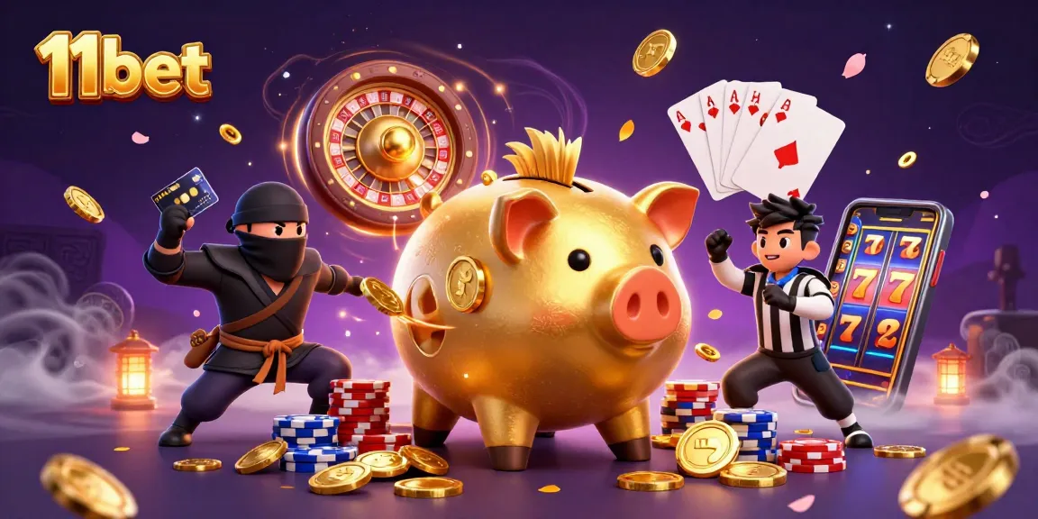 Experience thrilling wins with 11bet's dynamic gambling scene featuring exciting characters and vibrant casino elements.