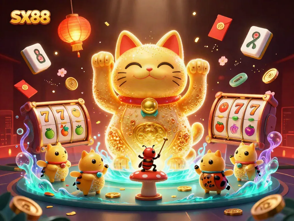 SX88 reveals exciting slot games with lucky symbols and vibrant golden fireflies in a dynamic casino scene.