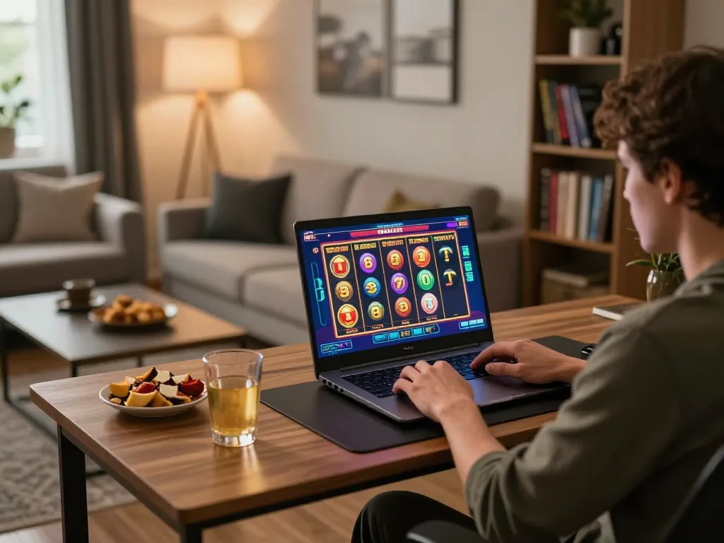 girlmeetsformosa engaging in online casino gaming from a cozy setup, showcasing a vibrant slot game experience
