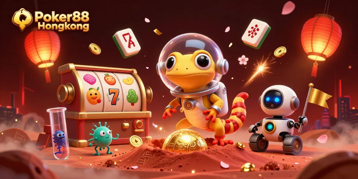 Poker88 Hongkong showcases a Martian gecko, vibrant slot reels, and festive decorations in a dynamic casino scene.
