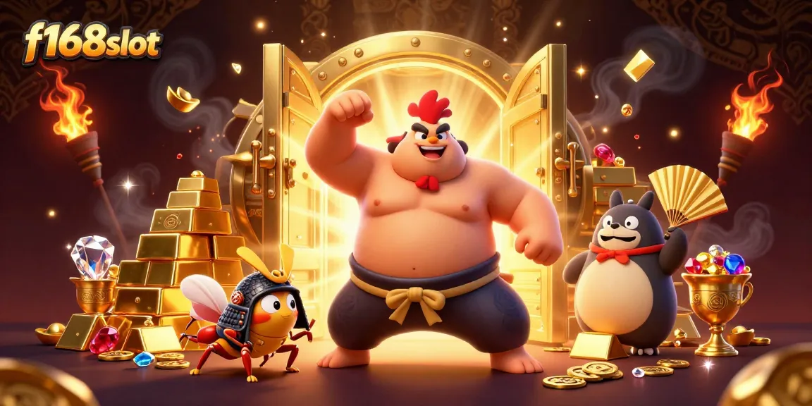 f168slot showcases a powerful sumo wrestler rooster, a cricket, and a tanuki announcer surrounded by cash and gold.
