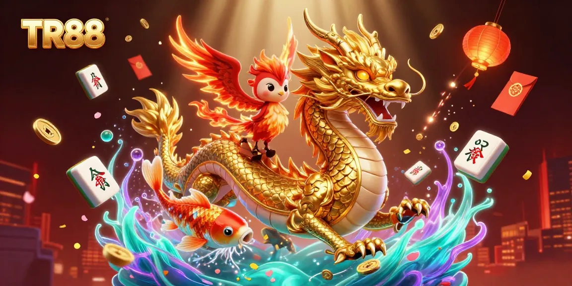 Experience the excitement of TR88 with a dynamic scene featuring a dragon, phoenix, and koi fish among vibrant casino elements.
