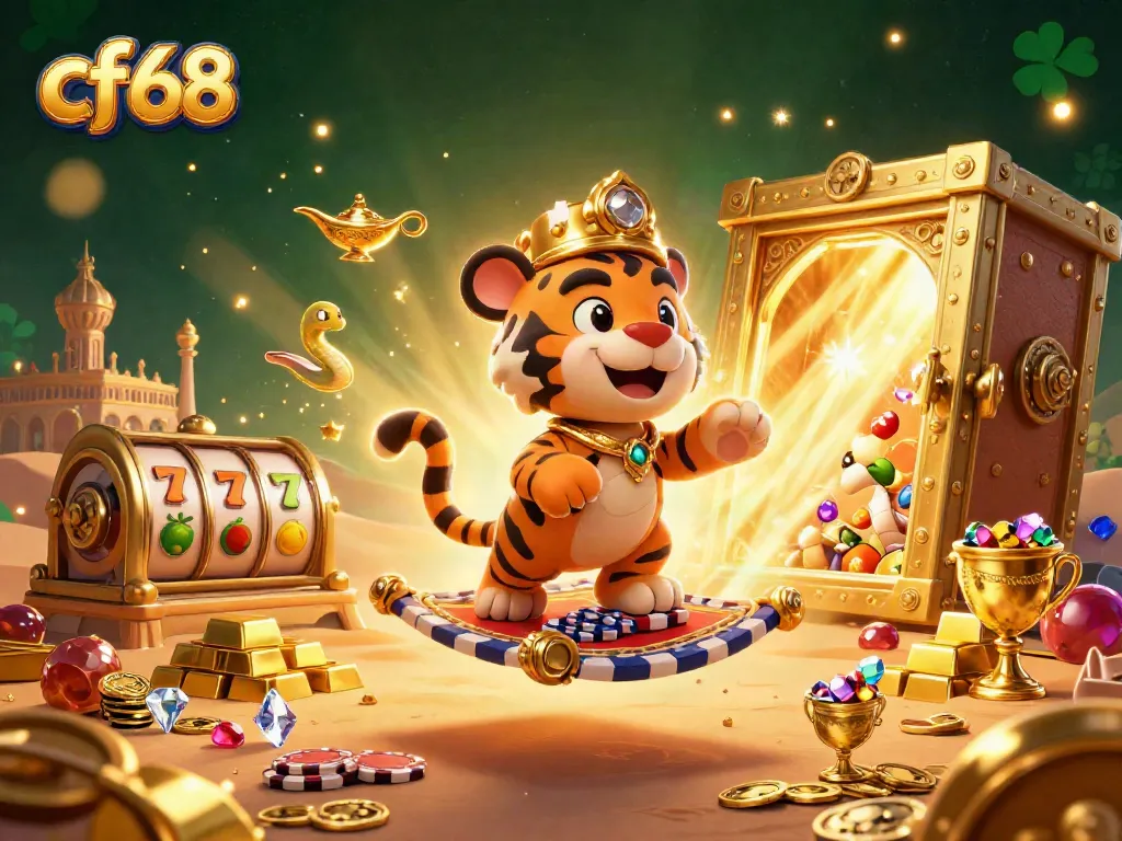 Engage with cf68's vibrant 3D casino scene filled with slot reels, treasure, and exciting elements for players.
