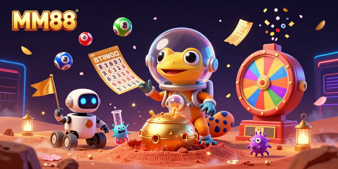 Engage with MM88's vibrant 3D Martian casino scene, featuring lottery balls and a robot sidekick.