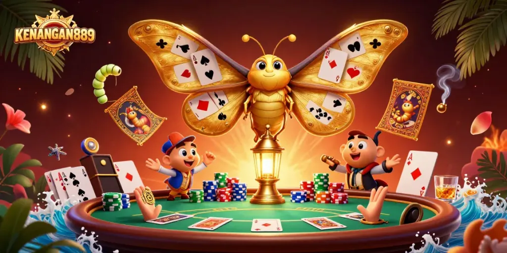 Play exciting poker action with KENANGAN889, featuring vibrant chips and dynamic game elements.