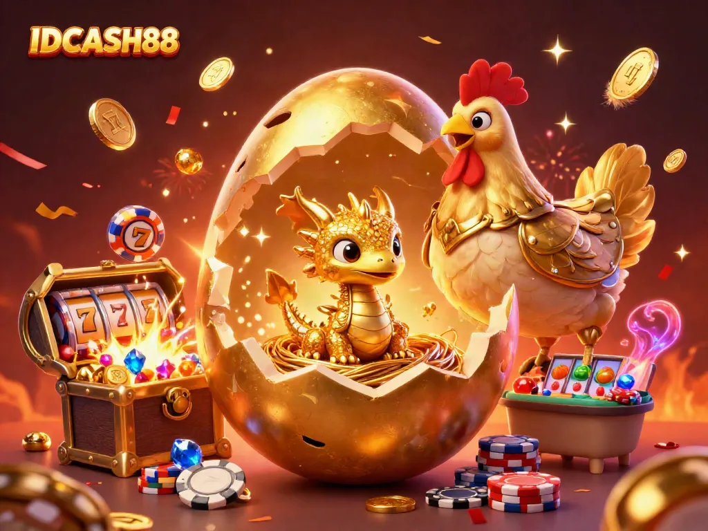 Spin and win with IDCASH88 in a vibrant casino fantasy illustration showcasing gold, poker chips, and winning treasures.
