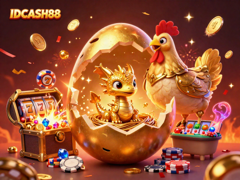 Spin and win with IDCASH88 in a vibrant casino fantasy illustration showcasing gold, poker chips, and winning treasures.