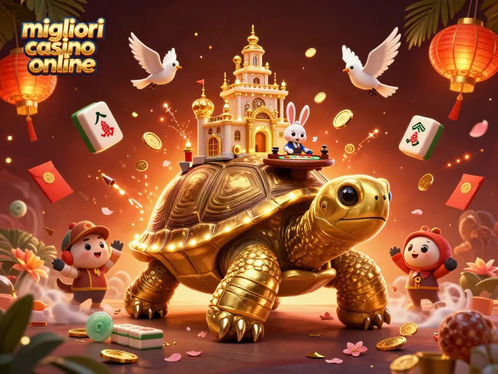 Scopri i migliori casino online con una tartaruga dorata e un dealer di carte in un casinò incantevole.