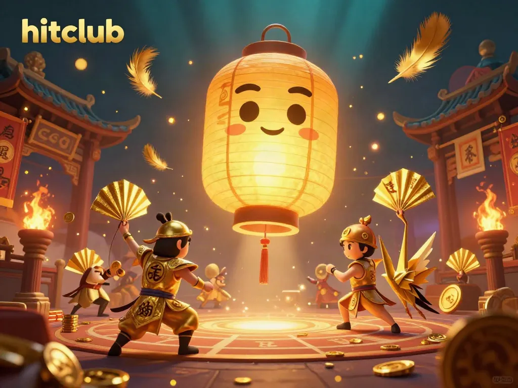 Engage with the vibrant world of hitclub, as a golden lantern spirit floats above a dazzling casino scene, featuring dynamic gaming elements and symbols of luck.