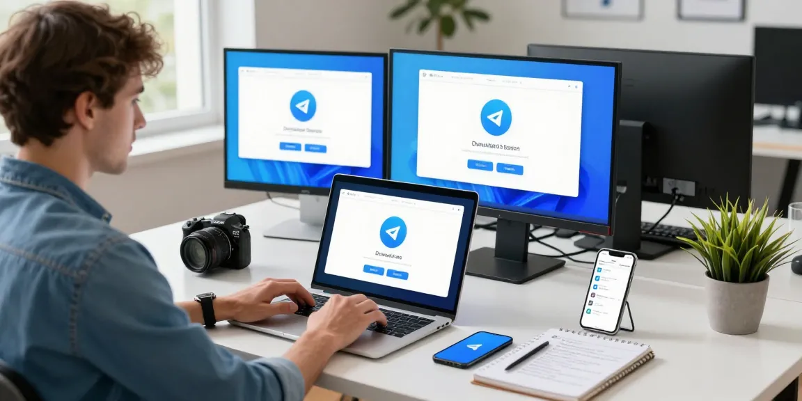 Effortlessly download Telegram下载 on multiple devices in a modern workspace, showcasing productivity.