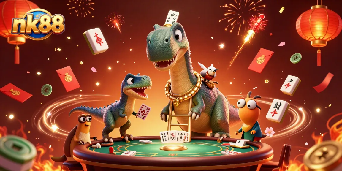 Witness nk88's captivating casino fun with a towering brontosaurus and card-dealing raptor in a vibrant, 3D illustration.