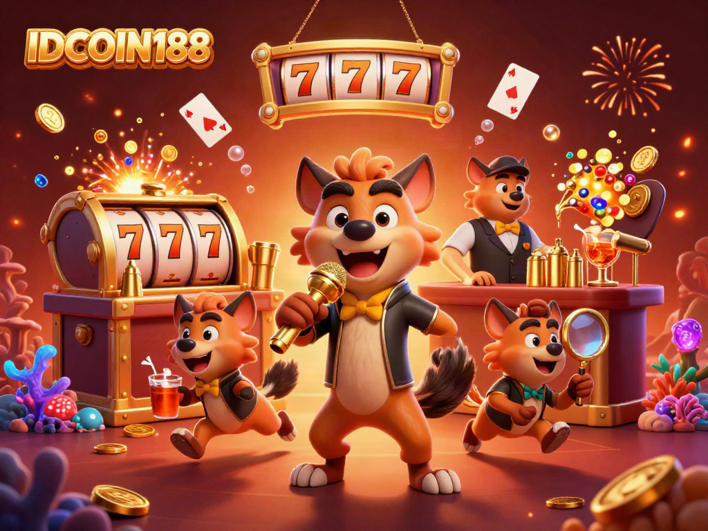 IDCOIN188 showcases a lively casino scene with hyenas enjoying slots, drinks, and comedy.