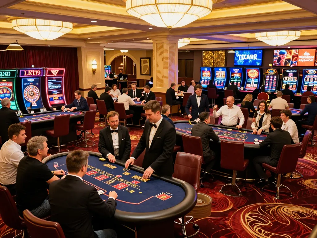Fun88 Casino floor bustling with players enjoying thrilling roulette and poker games under warm lighting