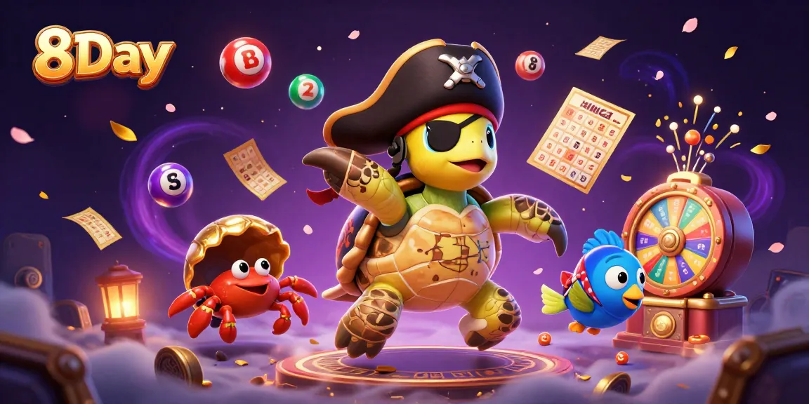 Engage with 8Day’s vibrant casino games featuring a pirate turtle, crab, and parrotfish amidst dynamic lottery elements.