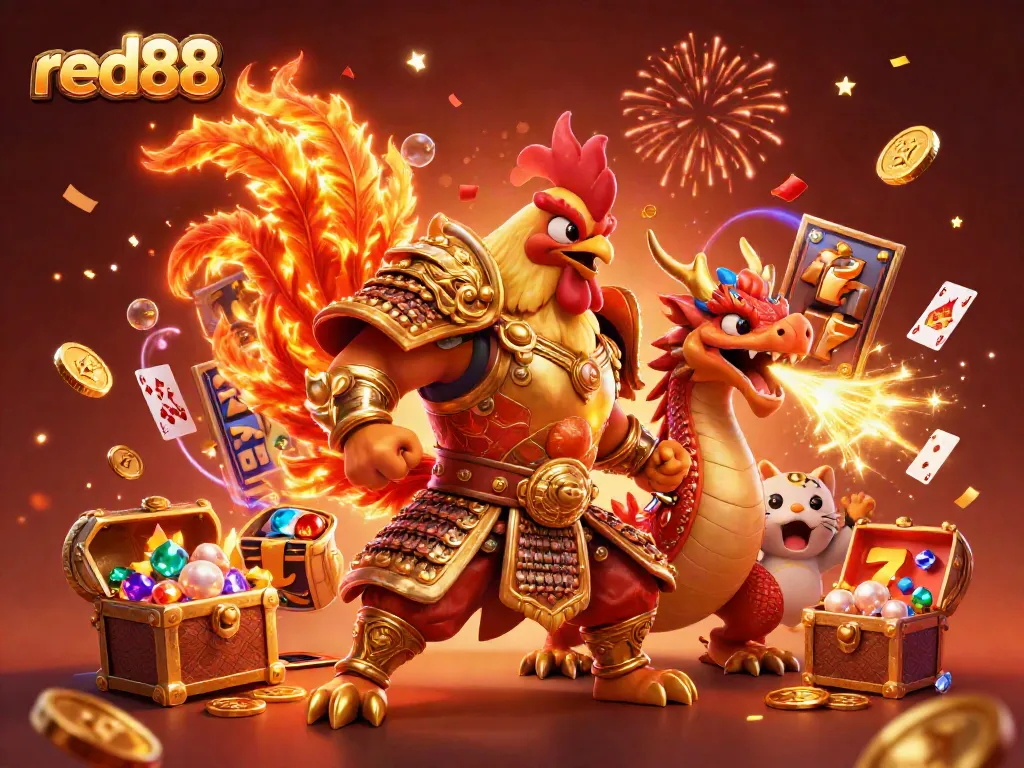Experience thrilling wins at red88 with vibrant slot reels, an armored dragon, and a courageous rooster warrior!