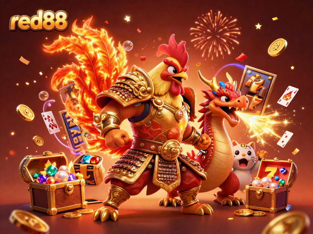 Experience thrilling wins at red88 with vibrant slot reels, an armored dragon, and a courageous rooster warrior!