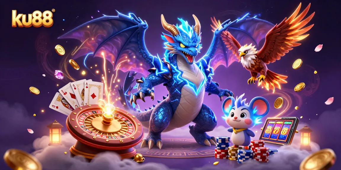ku88 brings excitement with dynamic casino elements in a vibrant, cartoonish 3D scene.