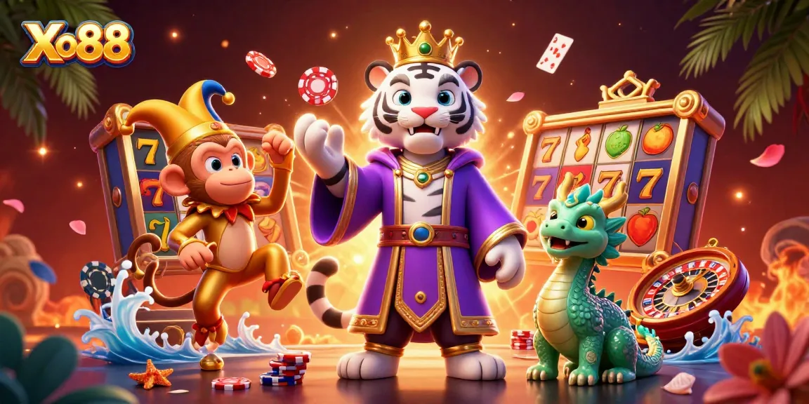 Xo88's vibrant casino celebration scene with cartoon characters and classic gaming elements.