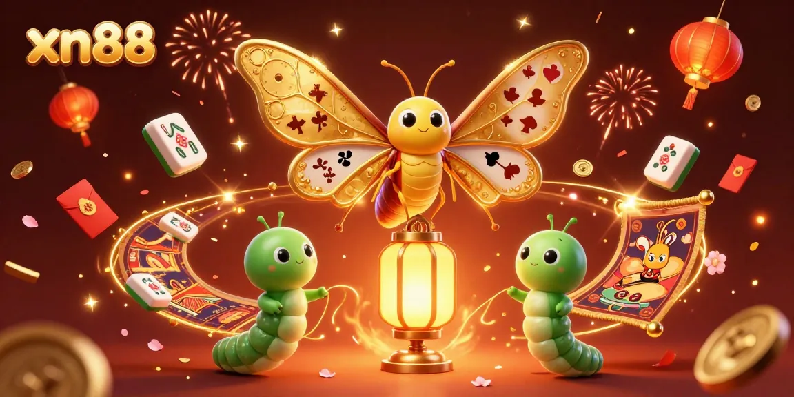 Experience the thrill of xn88 with golden-winged moths amidst dynamic casino scenes filled with vibrant game elements.