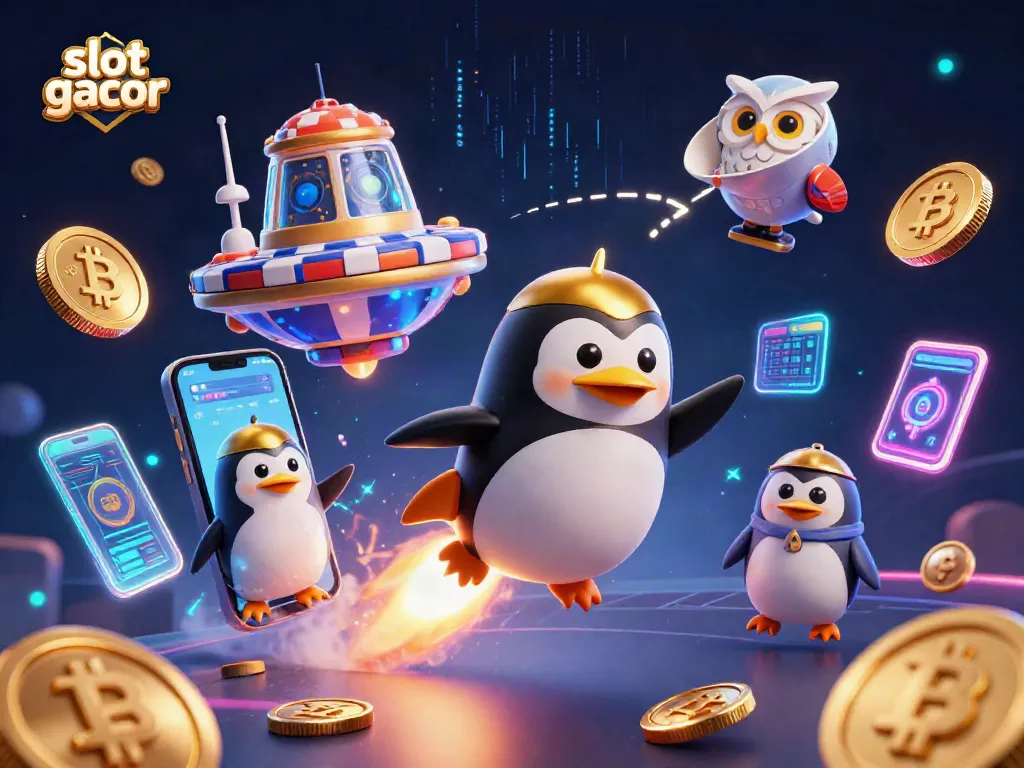 Experience slot gacor action with a golden penguin soaring to a casino chip station.