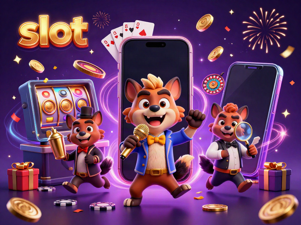 Hyenas entertain at a comedy casino with a vibrant slot game atmosphere