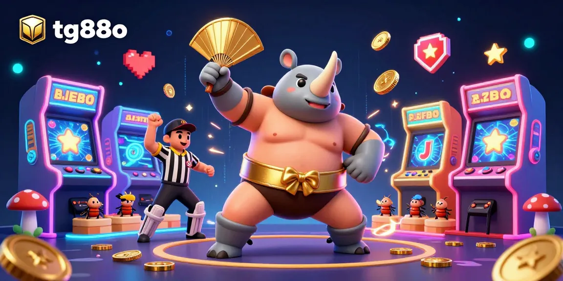 Experience thrilling gameplay at tg88o with a rhinoceros beetle sumo champion amidst flying coins and arcade machines.