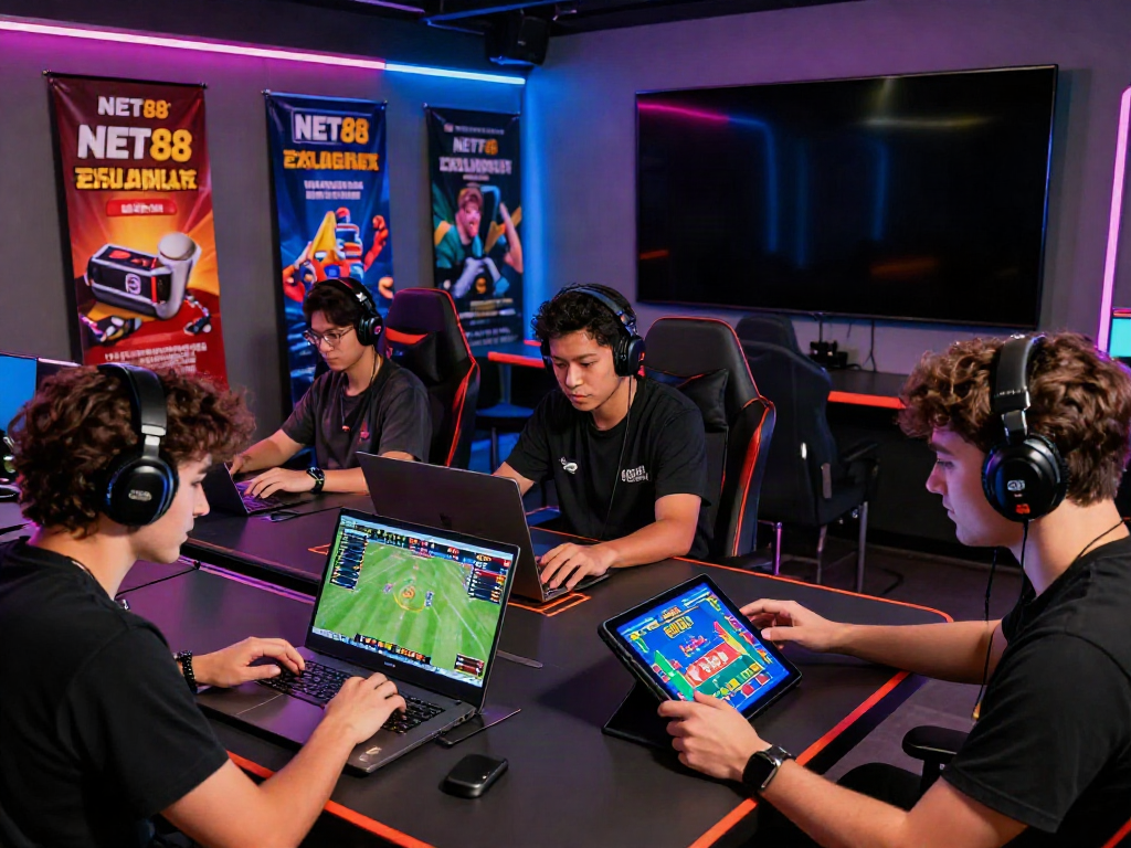 Gamers excitedly interacting with NET88's online betting platform for sports and casino games.