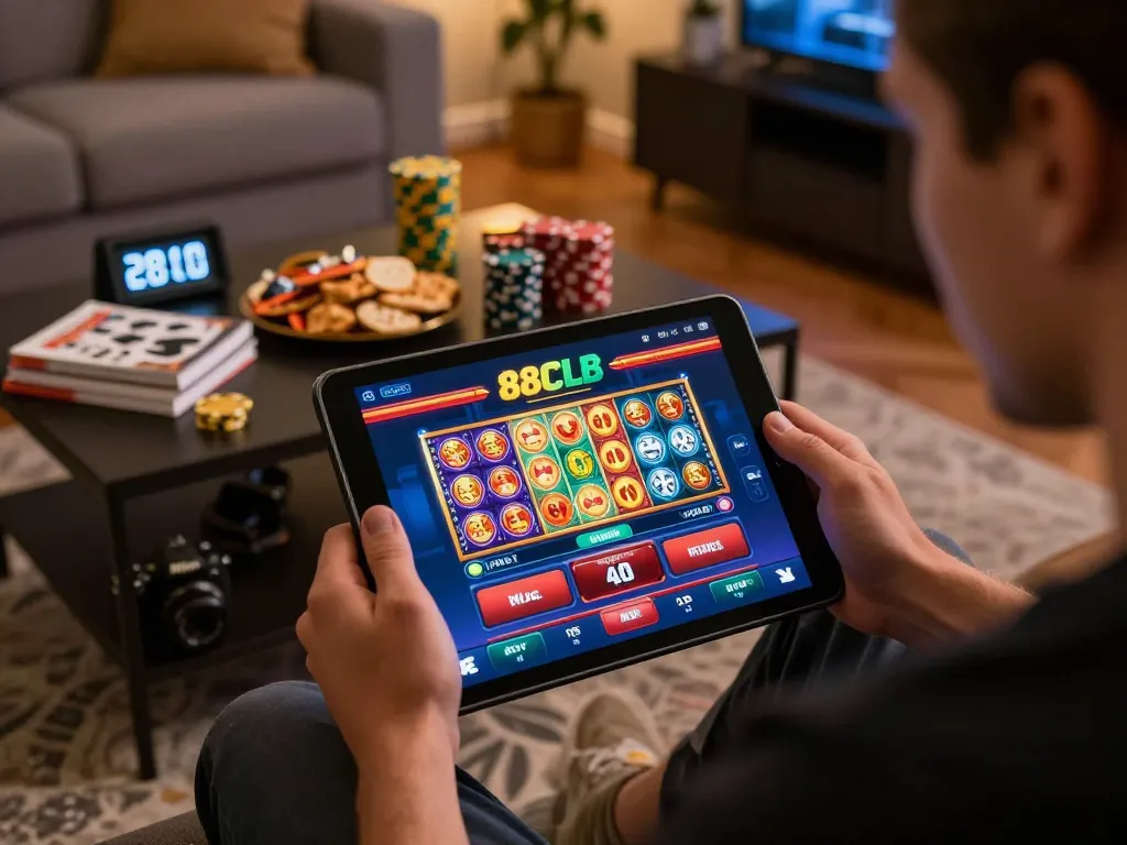 A player enjoying online gaming on the 88clbgo app in a cozy home setting, highlighting a strategic gaming atmosphere.