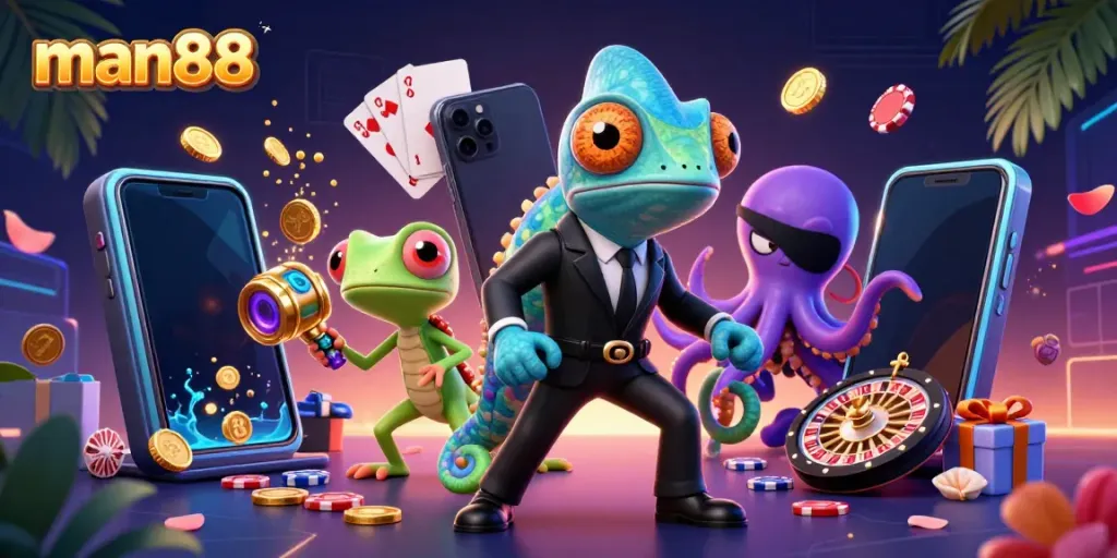 Engage with thrilling slots at man88 with a colorful game scene featuring vibrant casino characters.