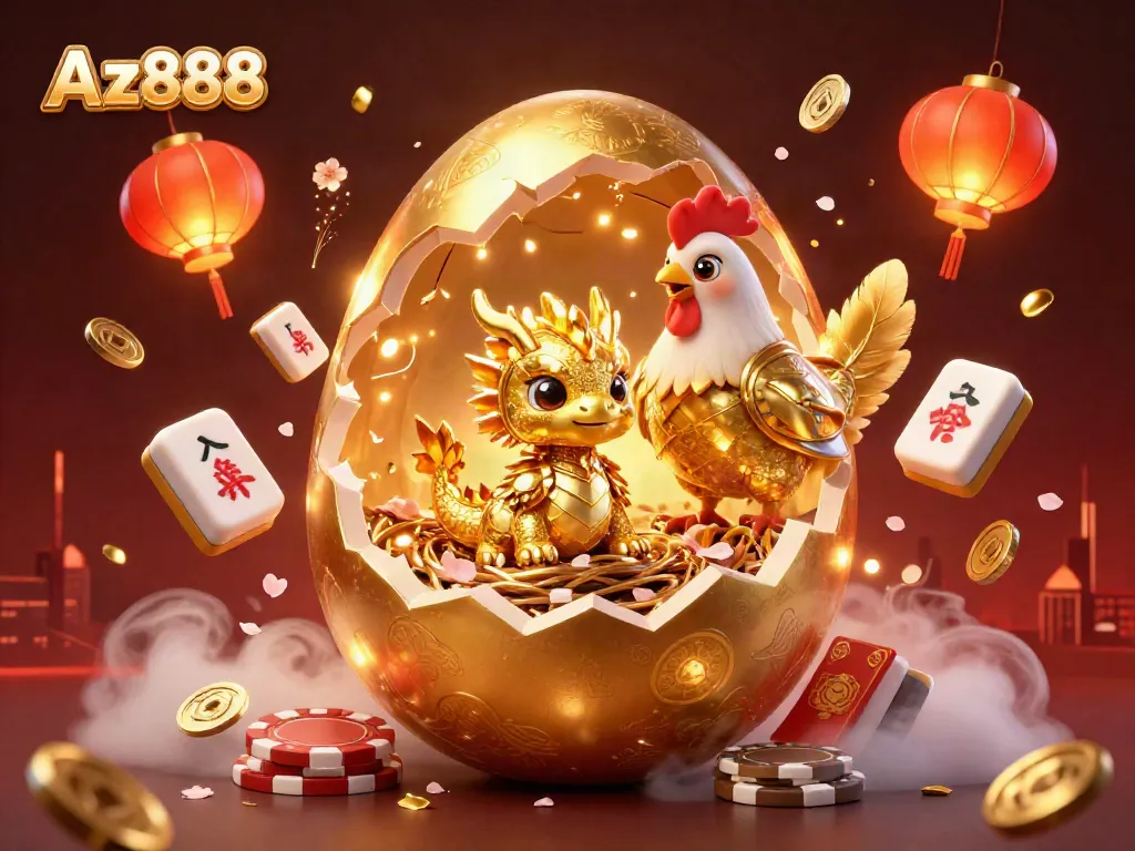 Experience thrilling wins at Az888 with a golden dragon guarding riches and poker chips!