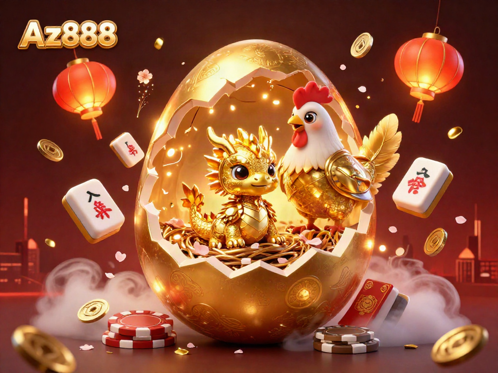 Experience thrilling wins at Az888 with a golden dragon guarding riches and poker chips!
