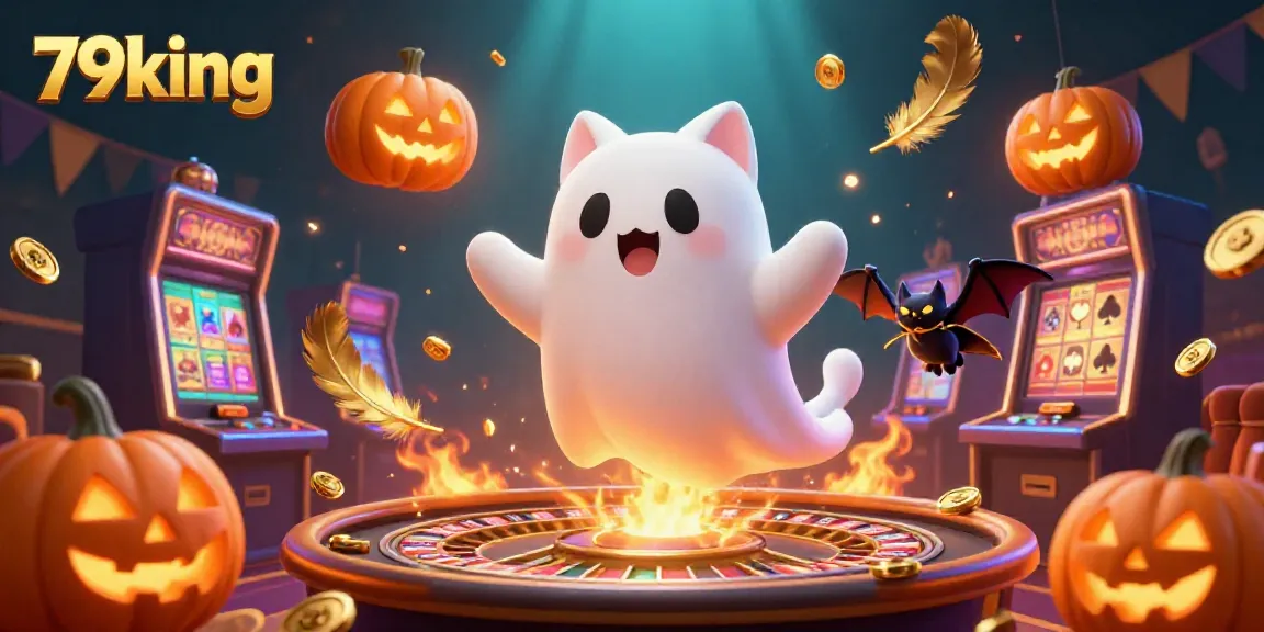 Engage in thrilling casino adventures at 79king with floating ghost cat and vibrant game elements.