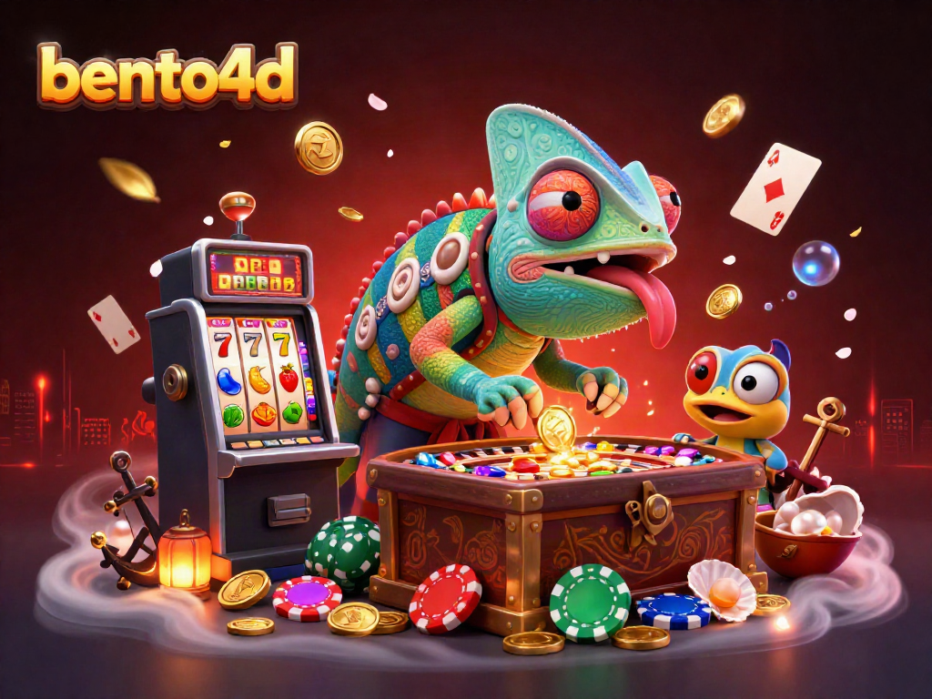 Bento4D illustration showcasing a vibrant chameleon casino owner capturing golden coins among casino games.