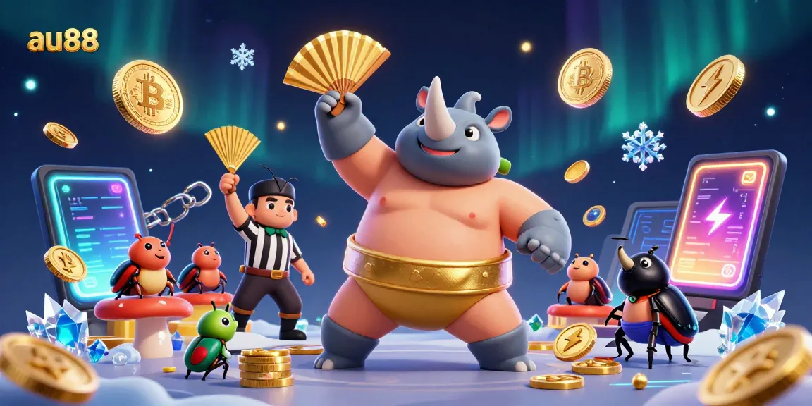 Experience excitement at au88 as a cartoon rhinoceros beetle sums up the thrilling betting action, surrounded by vibrant 3D gaming elements.