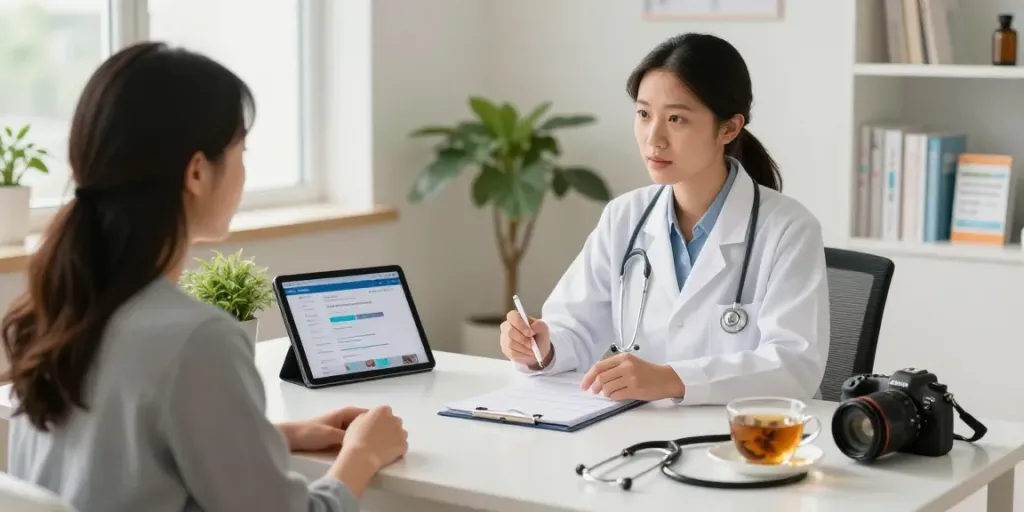 Ivermectin online consultation scene with a healthcare professional advising a patient on safe online purchase options.