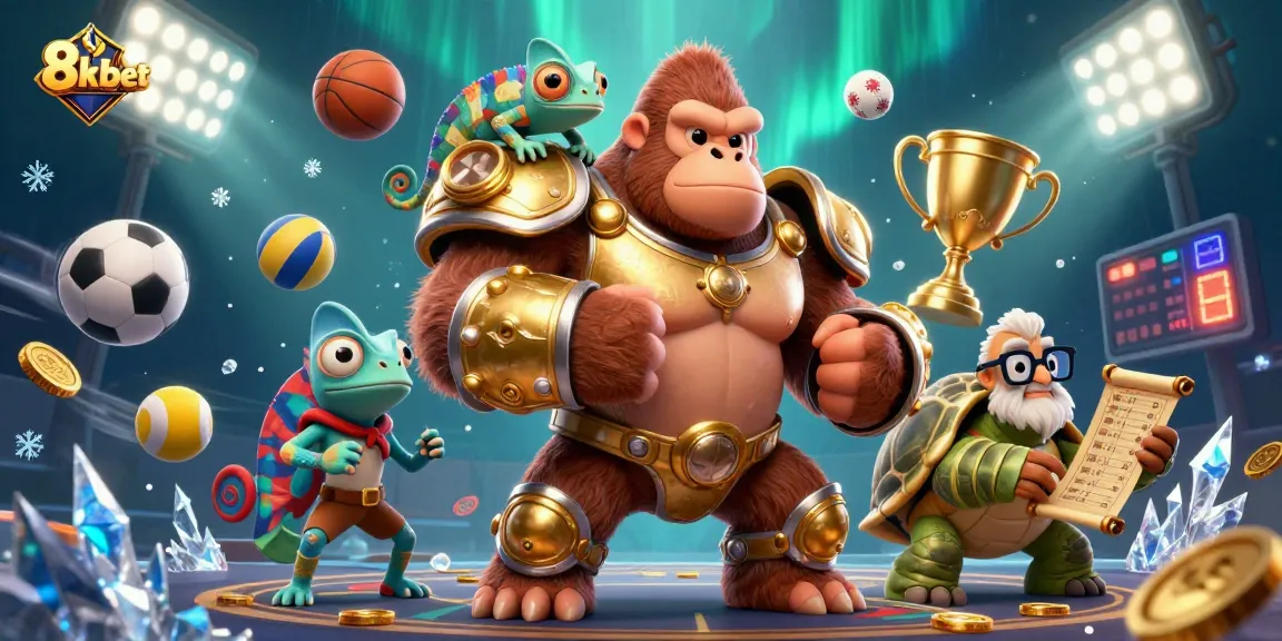 8xbet powerful gorilla king and companions celebrating sports betting excitement in a dynamic 3D illustration.