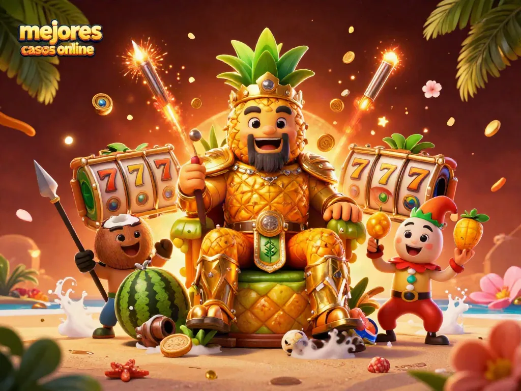 Explora los mejores casinos online con un animado rey piña y elementos de juego en acción.