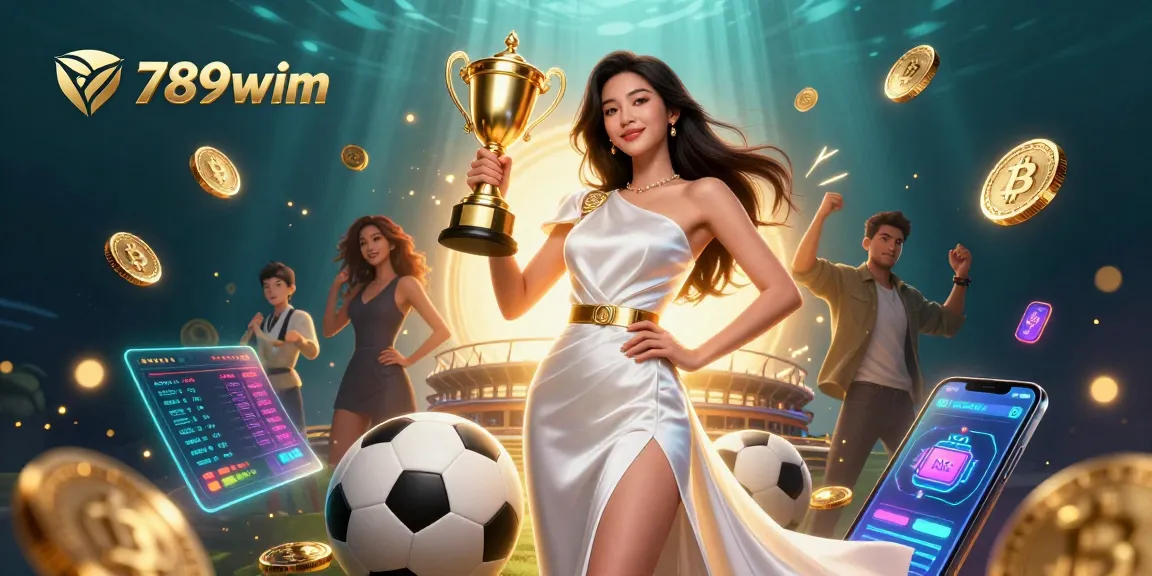 Engage in thrilling sports betting at 789wim with this dynamic illustration of victory, showcasing a stunning woman and crypto elements.