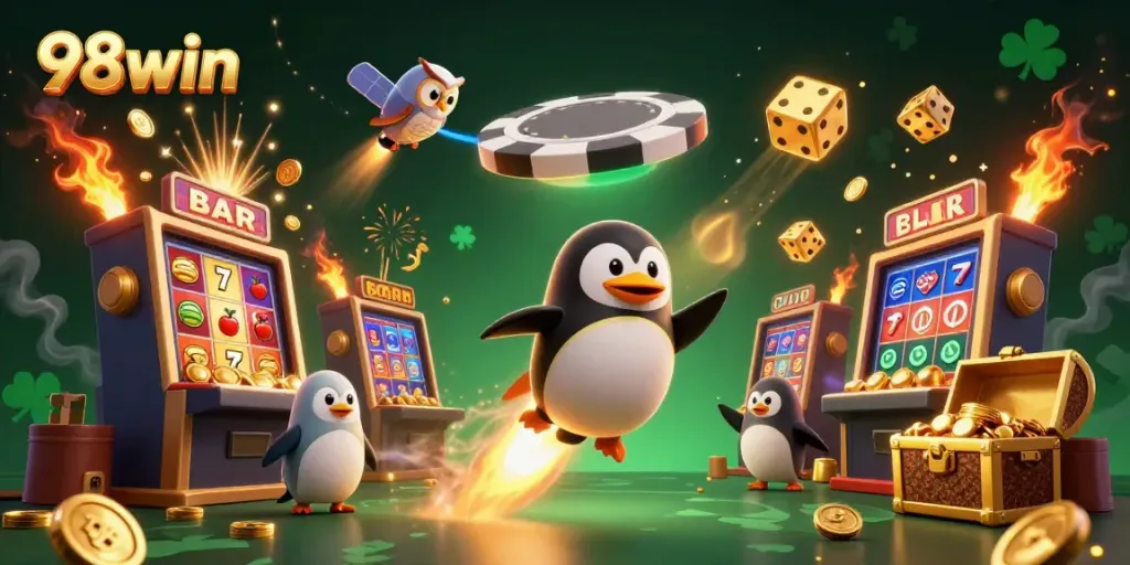Experience a thrilling moment with 98win, featuring a golden penguin and casino elements in a vibrant atmosphere.