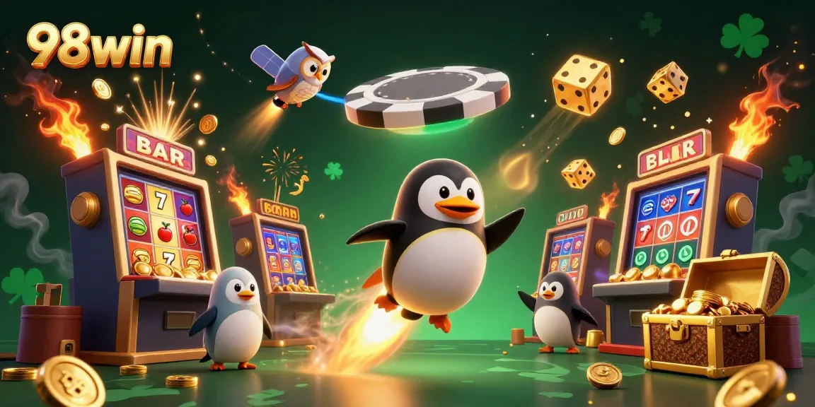 Experience a thrilling moment with 98win, featuring a golden penguin and casino elements in a vibrant atmosphere.
