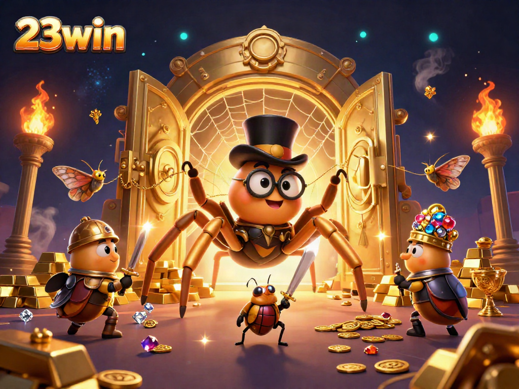 Engage with the vibrant world of 23win featuring a golden tarantula and a brave beetle knight in a lively casino, showcasing immersive gaming.