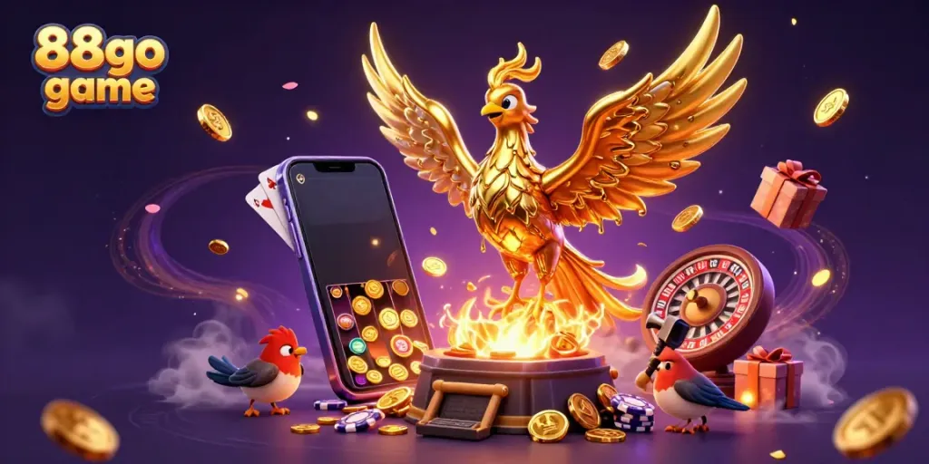 88go game features a molten golden phoenix and vibrant casino elements in an enchanting 3D scene.