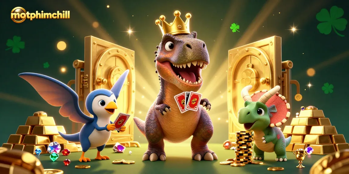 motphimchill shows a T-Rex and triceratops playing casino games with poker cards and chips, enhancing your gambling experience.