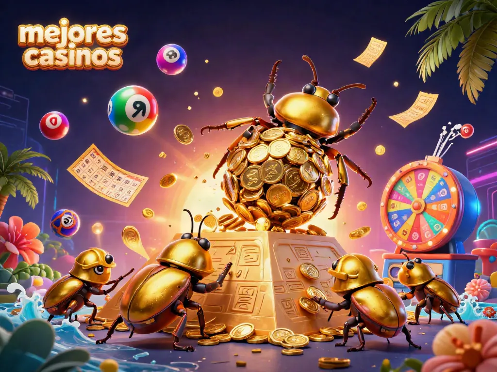 Los mejores casinos muestran un escarabajo dorado construyendo riqueza en un vibrante entorno de juego.